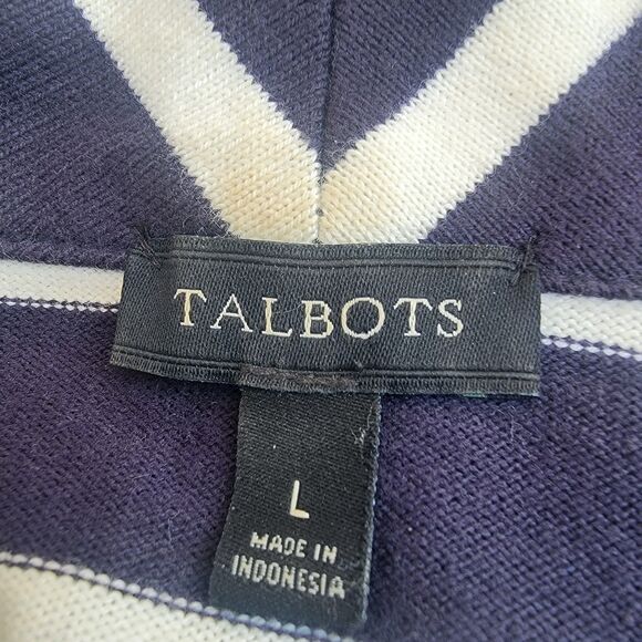 Talbots Navy/White Cotton Striped Knit Moto Jacket Zip Nautical Travel Sz L - Picture 3 of 5